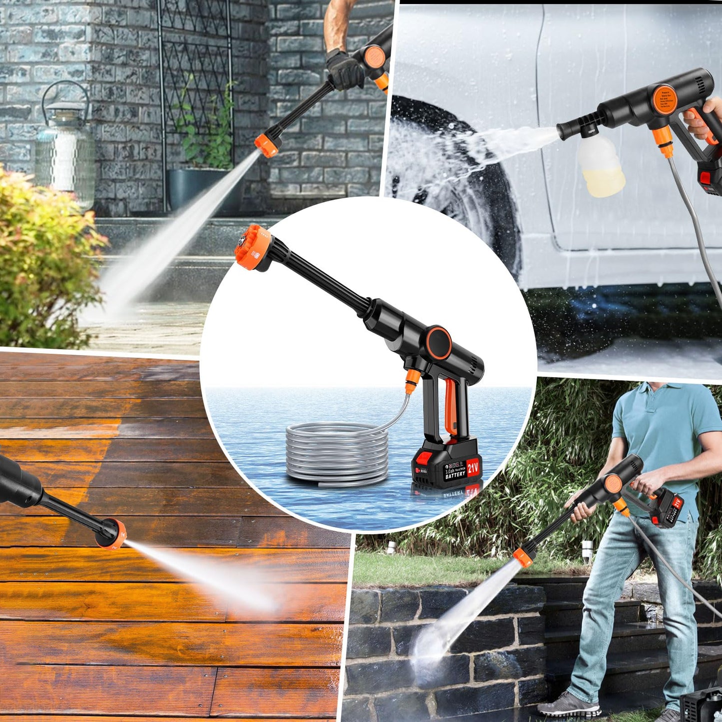 Cordless Pressure Washer Battery Powered, Portable Power Washer, Handheld Car Washer with 6-in-1 Nozzle,17FT Drain Hose, Power Cleaner for Patio Floor Fence Deck Indoor