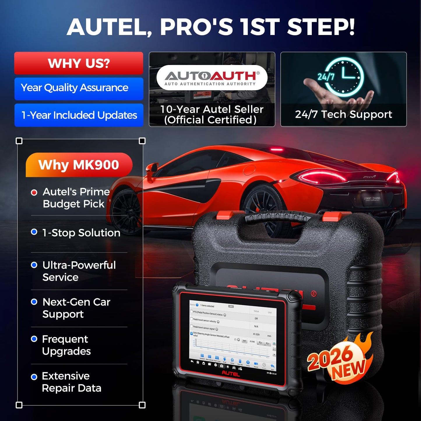 Autel Scanner MaxiCOM MK900: 2026 Updated as MK900BT MK900-BT MX900 Bidirectional Diagnostic Tool, 8in Up of MK808S MK808BT Pro MX808S 808Z, 3K+ Active Tests, 40+ Service, CAN-FD&DOIP, All System, FCA