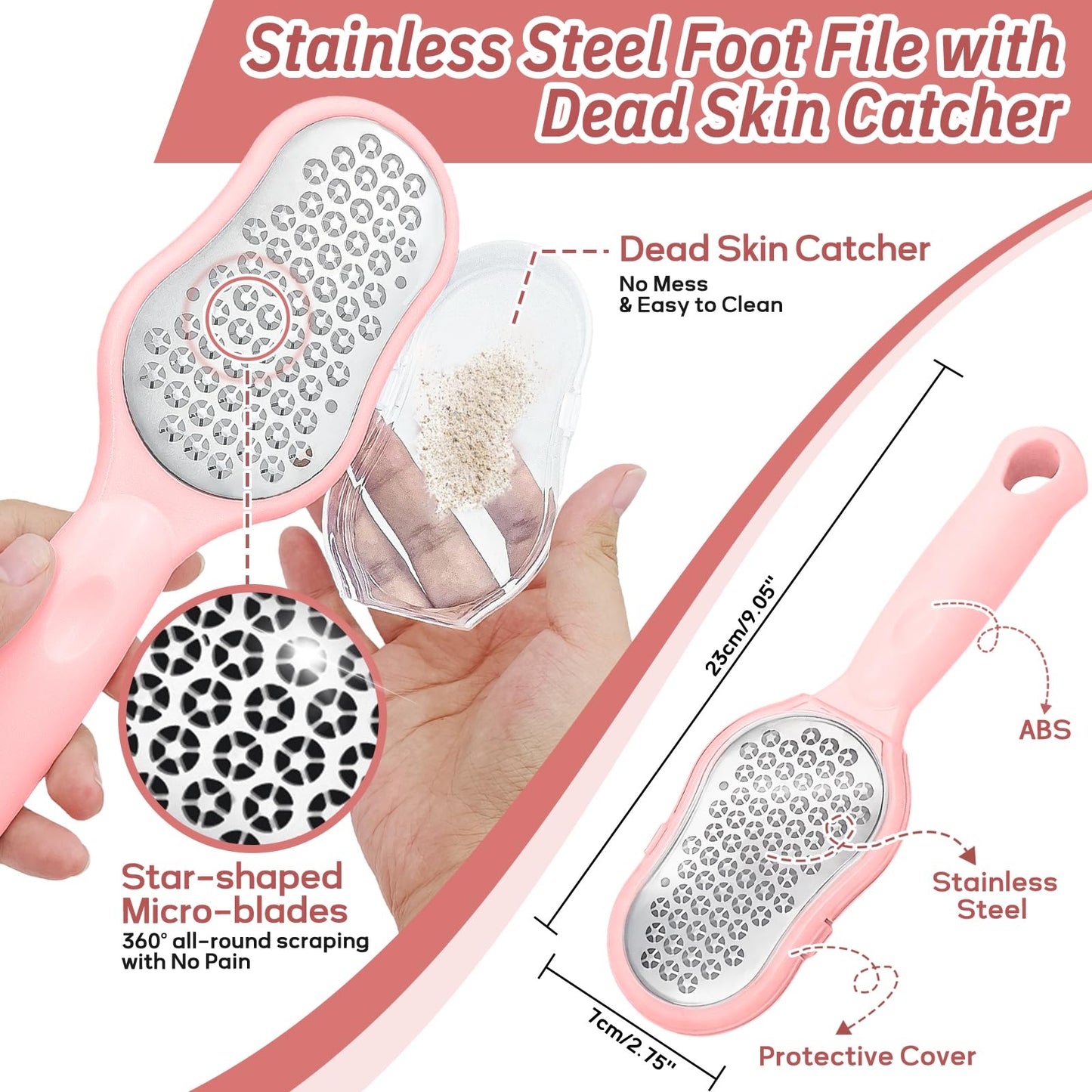 GEENOA Foot Brush/Foot File/Silicone Body Scrubber Set(3PCS), 3-in-1 Foot Scrubber with Long Handle, 10.2’’-27.5’’Adjustable Foot Scrub Brush with Foot File and Silicone Loofah, Gift-Box(Pink Set)