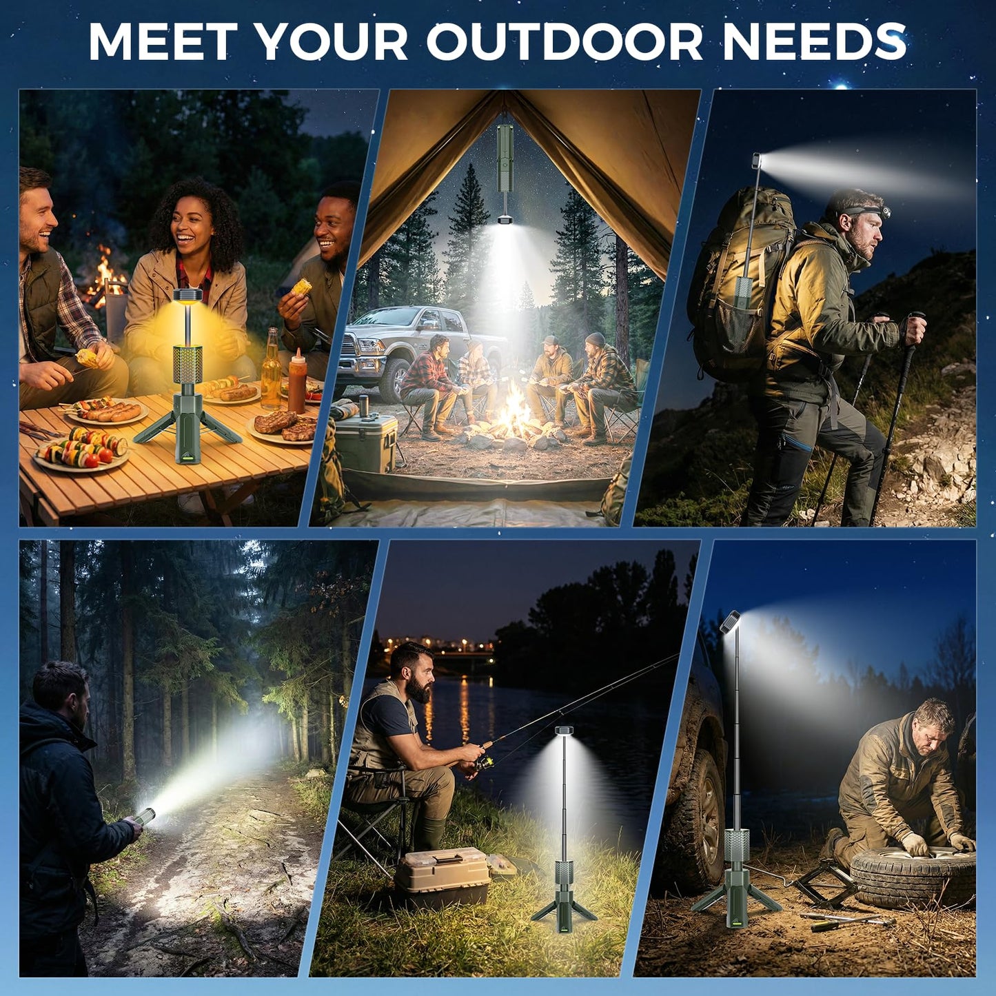 Telescopic Camping Lights, Rechargeable 10500mAh Camping Lantern with Storage Bag, Waterproof LED Camping Lamp with Magnetic, Portable Outdoor Tent Light for Camping,Hiking,Emergency,Fishing (Green)