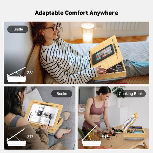 AboveTEK Book Stand for Reading with Storage, Adjustable Bamboo Book Holder with Soft Lap Cushion, Cookbook Stand, Hands-Free Book Reading Stand for Bed, Desktop & Kitchen Counter