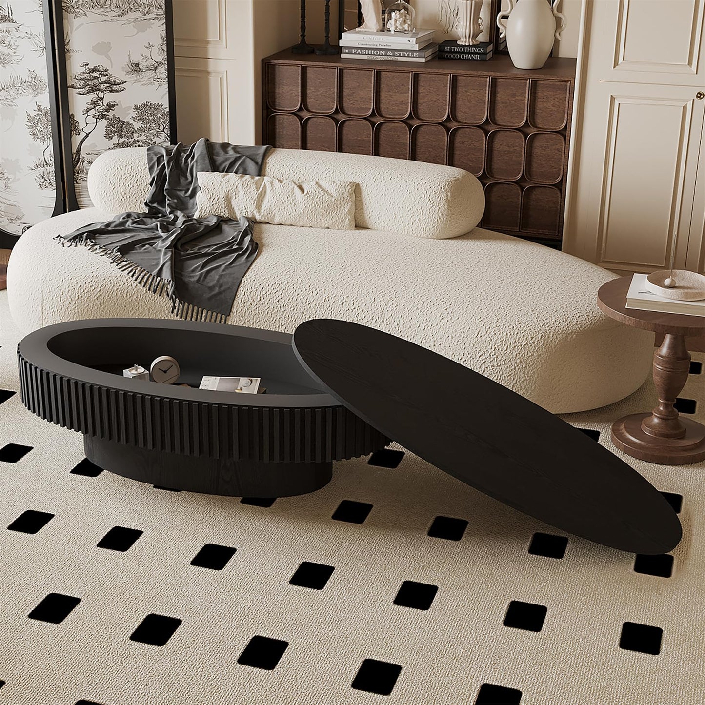 LKTART Oval Coffee Table for Living Room,Drum Solid Wood Handcrafted Relief,Olive-Shaped Sturdy Pedestal Wooden Tea Table for Apartment Small Space (Hidden Storage-Black,47.2''L×23.6''W×14.2''H)