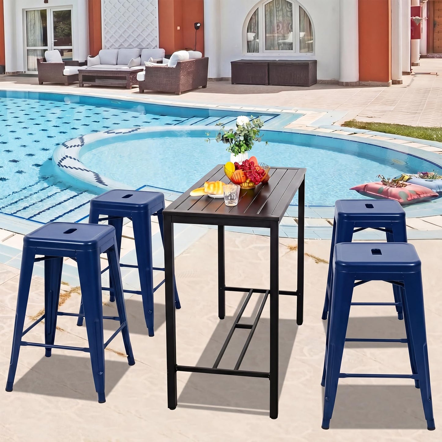 DUMOS Metal Bar Stools Set of 4, 24in Stackable Counter Height Bar Stools, Backless Restaurant Chairs for Kitchen Island, Indoor Outdoor Use, Classic Trattoria Barstools for Dining Room, Blue