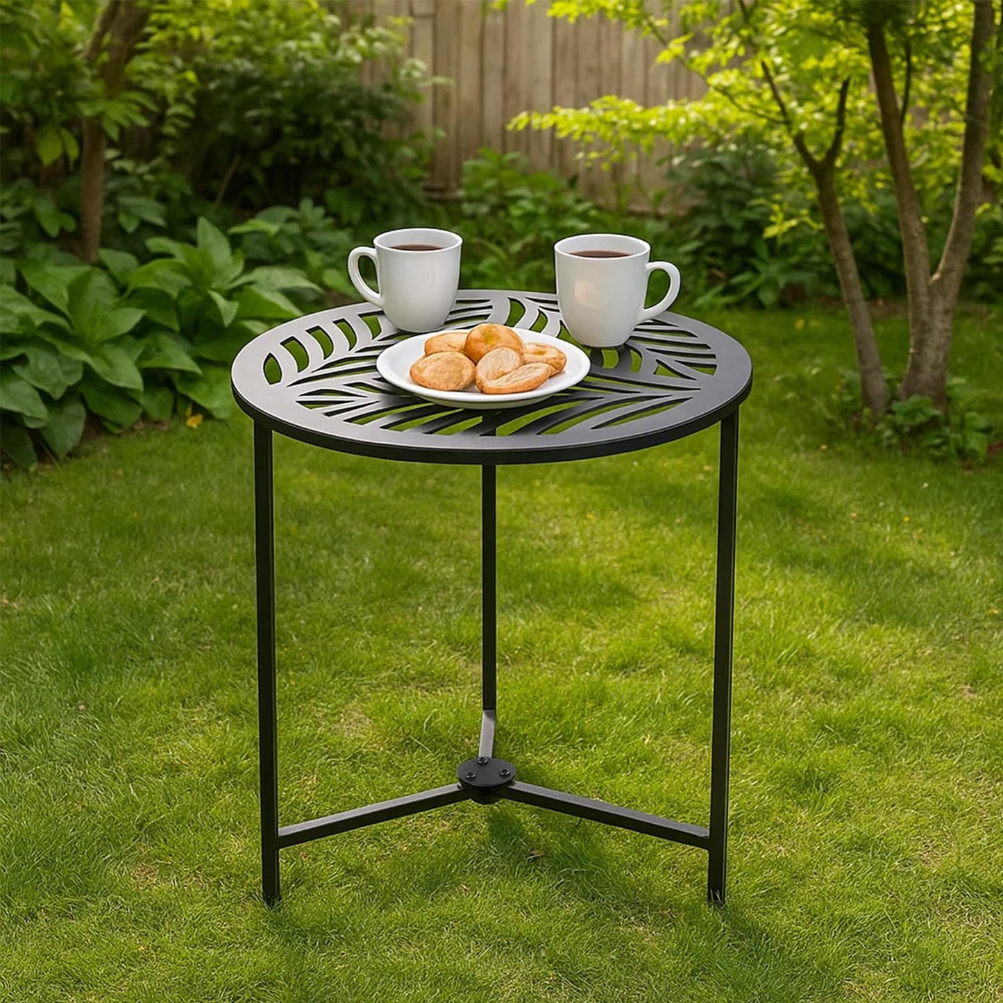 Extra-large Metal Side Table 17.7 Inches Heavy-duty Black Outdoor Patio Garden End Table Round Accent Corner Stand for Small Space Weather-resistant Coffee Table for Balcony Porch Plant Stand, Black