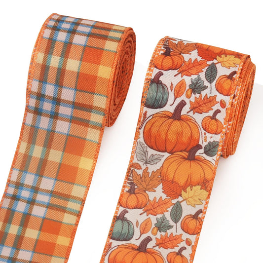 2 Rolls Fall Pumpkins Ribbons for Bows, Thanksgiving Wired Edge Burlap Ribbon Autumn Maple Leaves Plaid Ribbons for Gift Wrapping Thanksgiving Decoration Supplies