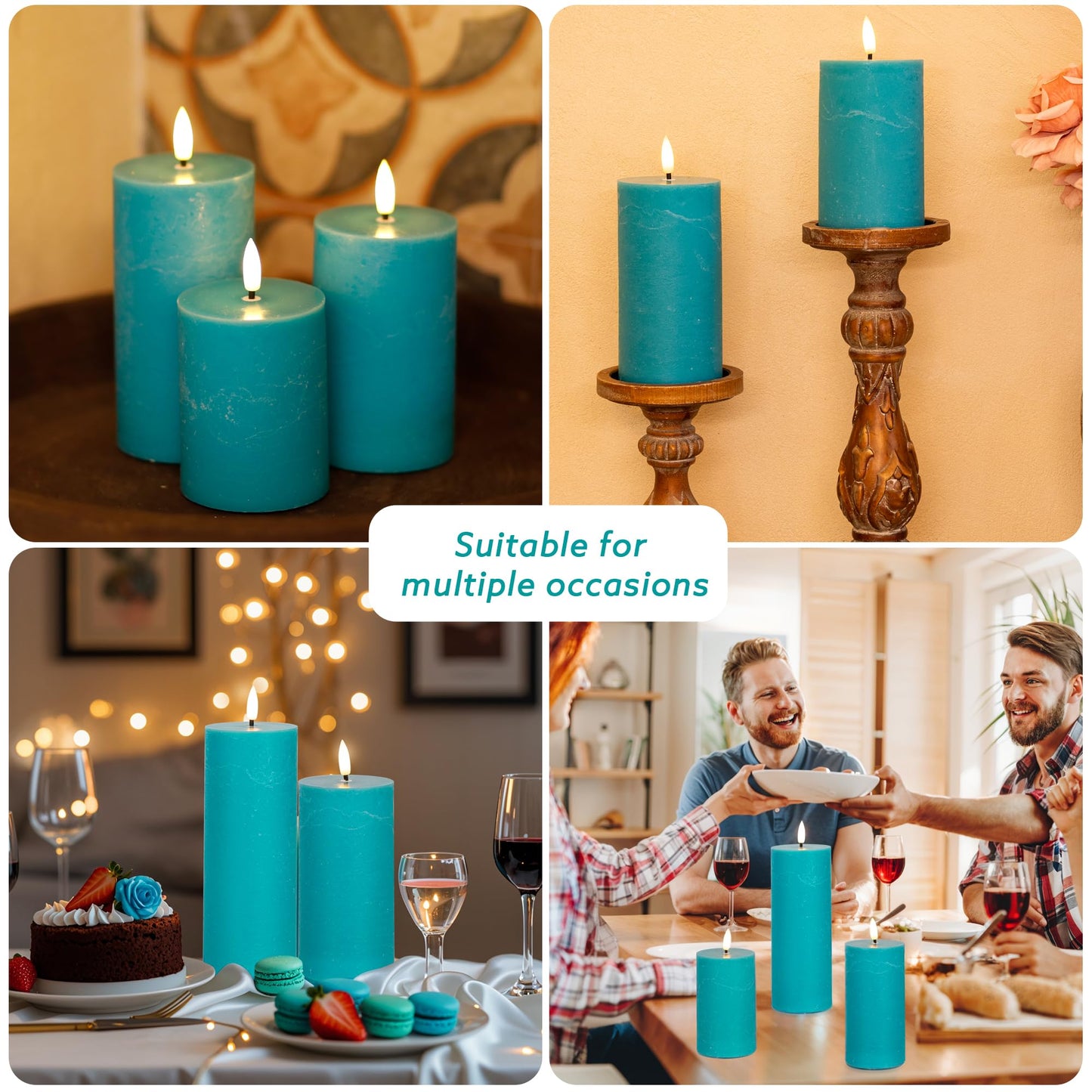 AFINETH Teal Flameless Pillar Candles, Battery Operated Candles with Remote, Real Wax Flickering LED Candles for Home Party Wedding Holiday Decor, Set of 4, Φ 3" H 4"" 5"" 6"" 8"""