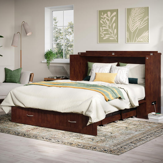 AFI, Aspen Mid-Century Modern Queen Solid Wood Murphy Bed Chest with 6" Mattress, Storage Drawer & Built-in USB Charger, Walnut