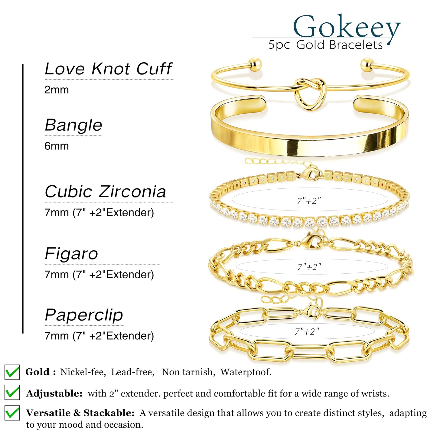 Gokeey Gold Cubic Zirconia Classic Tennis Bracelets for Women Trendy 14K Gold Plated Bangle Cuff Bracelet Set for Women Love Tike Knot Paperclip Figaro Bracelet Stack No Tarnish Bracelets Waterproof Simple Fashion Jewelry Gifts
