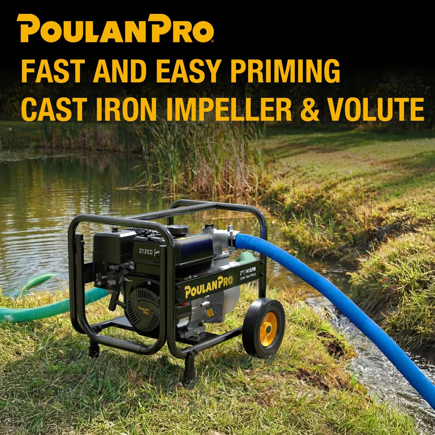 Poulan Pro Semi Trash Pump 2-Inch with Hose Kit, 50ft Discharge Hose, 12ft Suction Hose, 100ft Lift, 23ft Suction Gas Powered Water Pump with Wheels & Handle for Pond, Sewage, and Pool