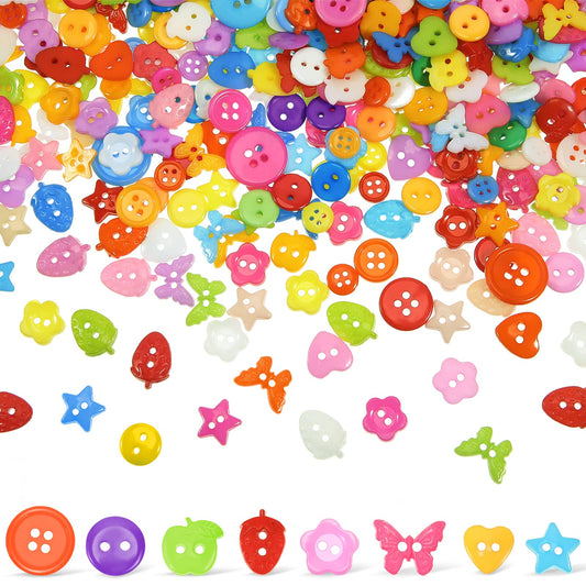 800 Pcs Craft Buttons Colorful Sewing Button Assorted Sizes Resin Bulk Mix Round Star Flower Fruit Butterfly Heart for DIY Crafts Manual Painting Handmade Decoration,2 and 4 Holes