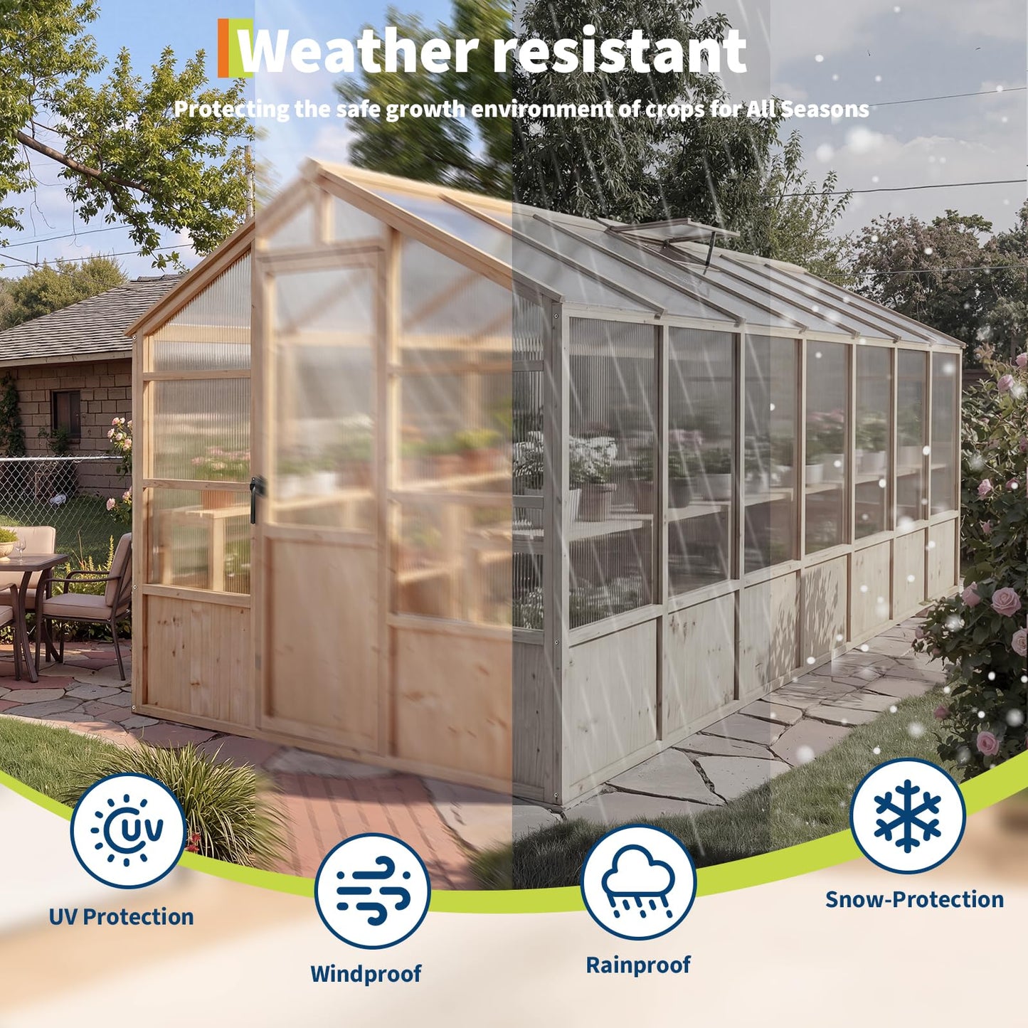 Wooden Greenhouse Kit with 4mm Polycarbonate Panels & 2 Adjustable Ventilation - Heavy Duty Wood Large Outdoor Greenhouse with Lockable Door for Garden, Backyard, Patio, Lawn Walk-in Green House