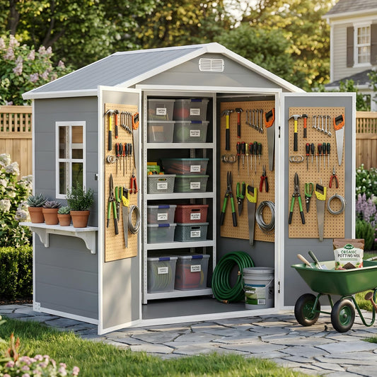 AIRAJ 6x4 FT Outdoor Storage Shed,Resin Storage Shed with Floor/Window/Vent/Roof Rainwater Drainage/Lockable Door,All-Weather Plastic Garden Sheds,for Yard,Garden,Poolside,Lawn Mower,Seasonal Items