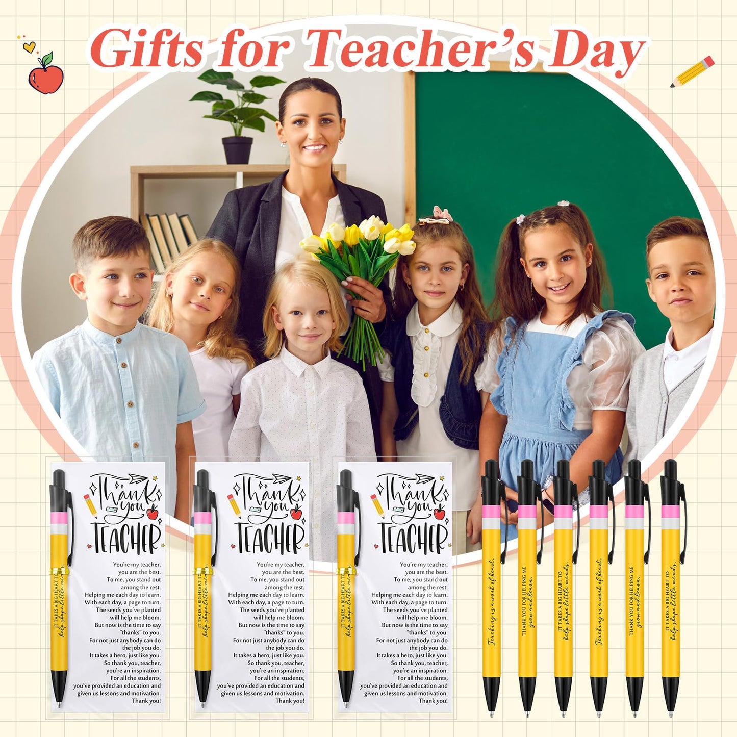 Sayglossy Teacher Appreciation Gifts Bulk Thank You Teacher Ballpoint Pens Cards and Bags Ties Small Inspirational End of School Gifts for Graduation Classroom Supplies(12 Sets)