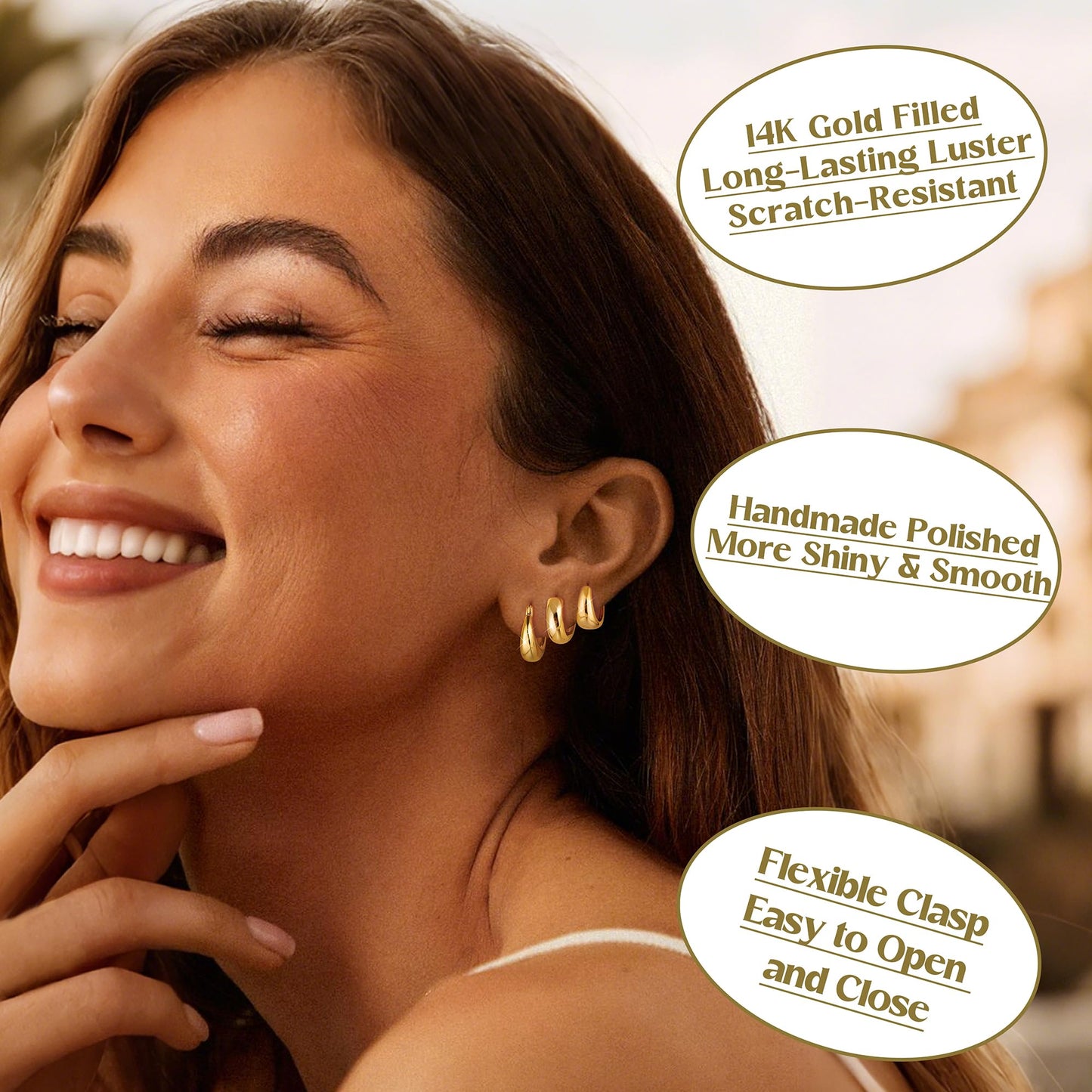 MILACOLATO 3Pairs 14K Gold Filled Hoop Earrings Set for Women Trendy Sterling Silver Post Small Chunky Hoop Earring Hypoallergenic Thick Huggie Hoop Earrings Stacks for Multiple Piercing Lightweight-B