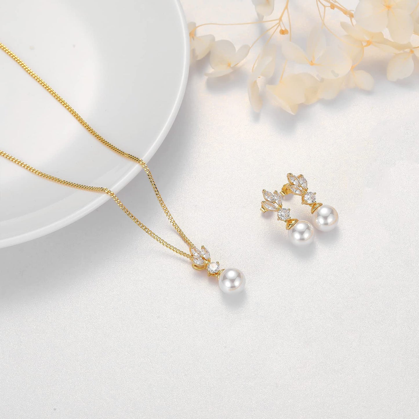 IDASANY Wedding Jewelry for Bride Bridesmaid, Gold Pearl Dangle Earrings and Pendant Necklace Set Bridal Jewelry for Promise Wedding Party, Pack of 2