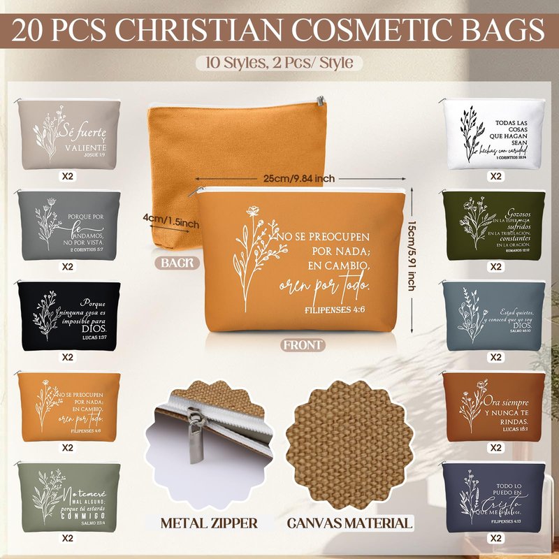 Kacctyen 20 Sets Spanish Christian Gifts for Women Bulk Bible Verse Makeup Bags Compact Mirror Regalos Cristianos Para Mujer En Español Canvas for Church Articulos Religiosos Catolicos (Boho Color)