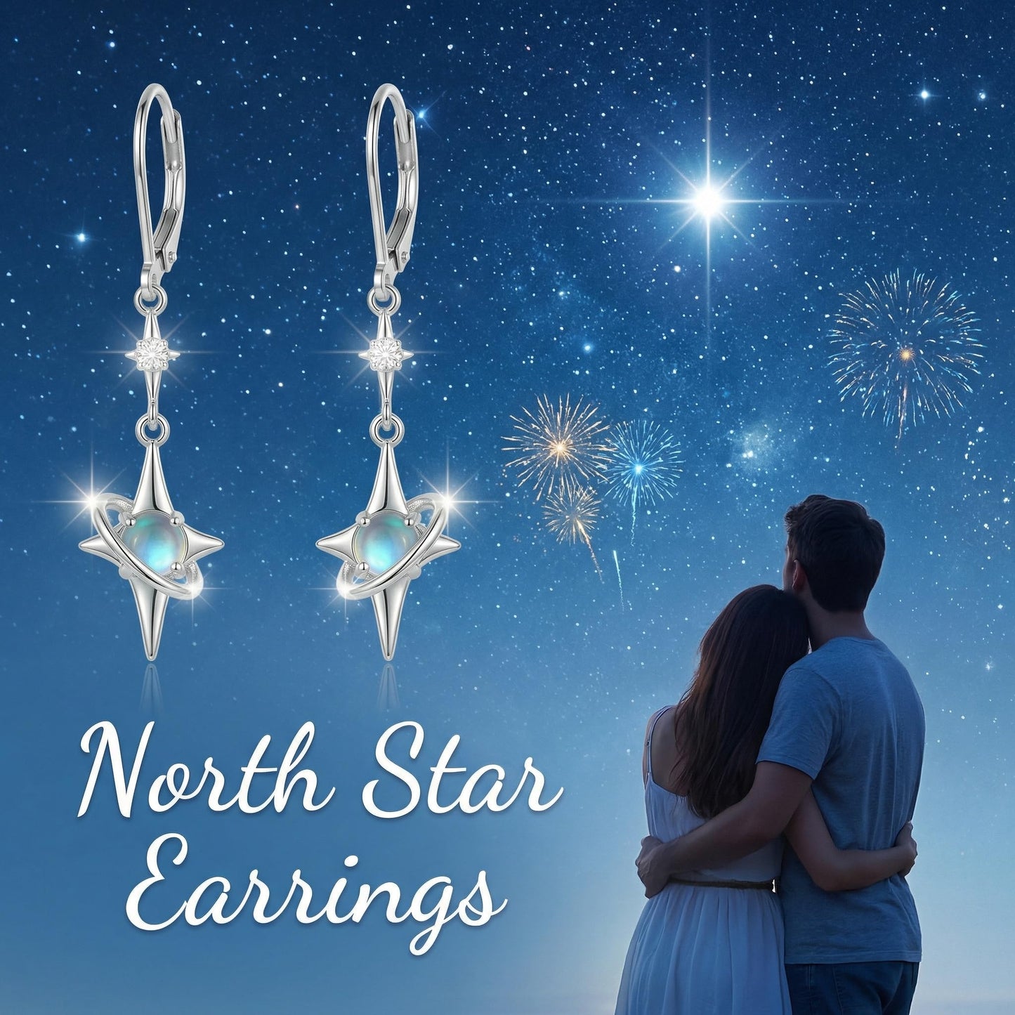 North Star Earrings 925 Sterling Silver Star Dangling Drop Earrings with Moonstone Jewelry Gifts for Women