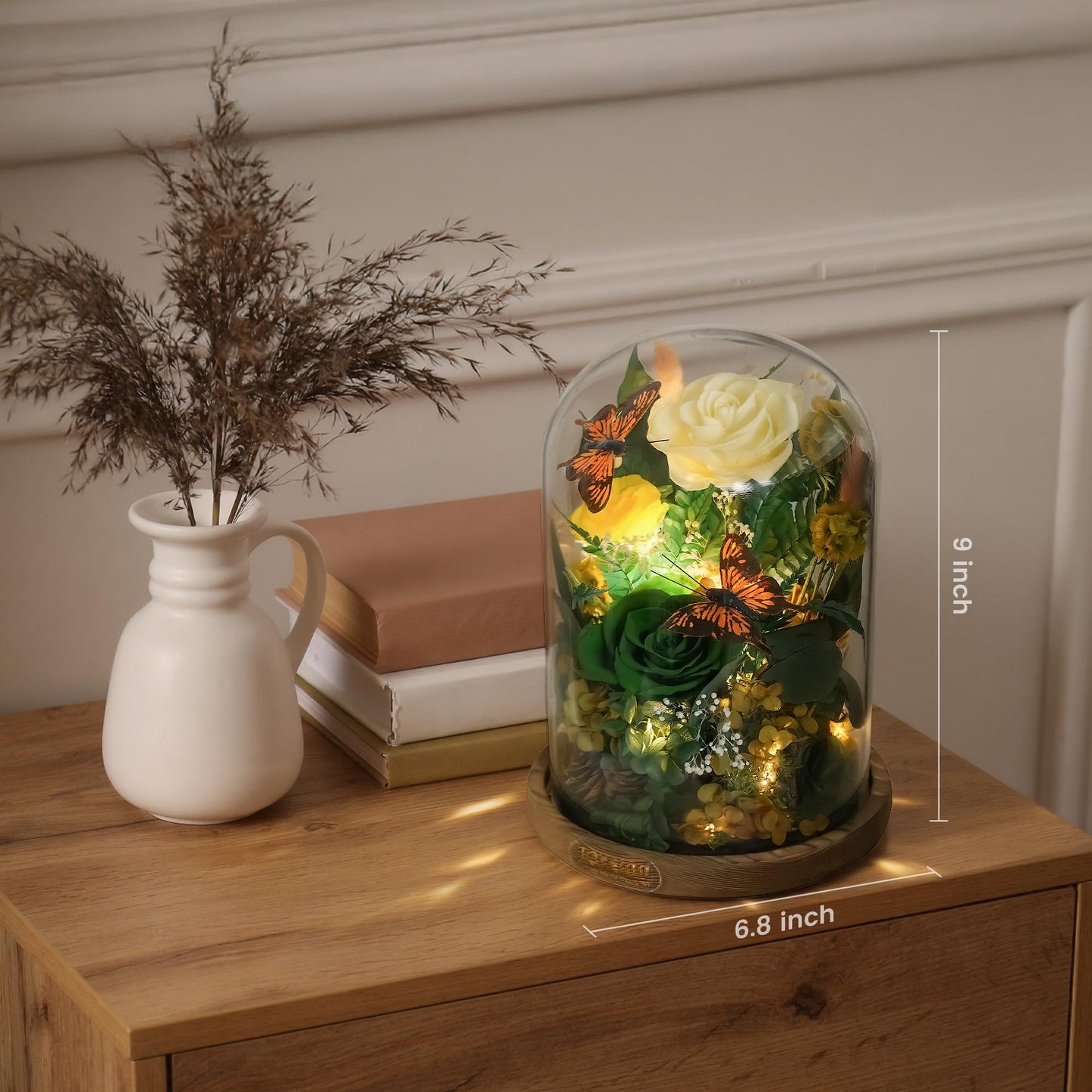 NOVEINN Preserved Flowers in Glass Dome - Eternal Rose Arrangement with Real Preserved Plants, Romantic Forever Rose Gift for Women - Anniversary, Birthday, Mother’s Day, Home Decor(Yellow)