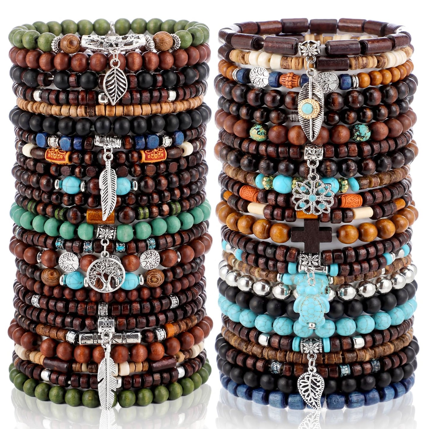 Tondiamo 48 Pcs Punk Wooden Beads Bracelets Gothic Bracelet for Men Adjustable Bulk Vintage Beaded Bracelet Metal Set Wood Bangles Wristbands Commemorative Gift