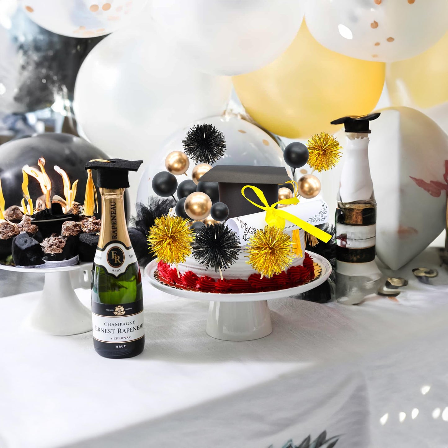 Gyufise 42Pcs 2026 Graduation Cake Kit Diploma Grad Cap Cake Pick Balloon Tassel Firework Cupcake Toppers Prom 2026 Cake Decorations for Class of 2026 Congrats Grad Party Supplies Black Gold