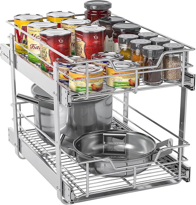 ZOINLIY Pull Out Cabinet Organizer, Versatile Slide Out Kitchen Organizers and Storage,Heavy Duty Drawer Cupboard Storage Basket, Smooth Sliding, Chrome Finish (2-Tiers-14Â¼''WÃ22âD)