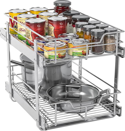 ZOINLIY Pull Out Cabinet Organizer, Versatile Slide Out Kitchen Organizers and Storage,Heavy Duty Drawer Cupboard Storage Basket, Smooth Sliding, Chrome Finish (2-Tiers-14Â¼''WÃ22âD)