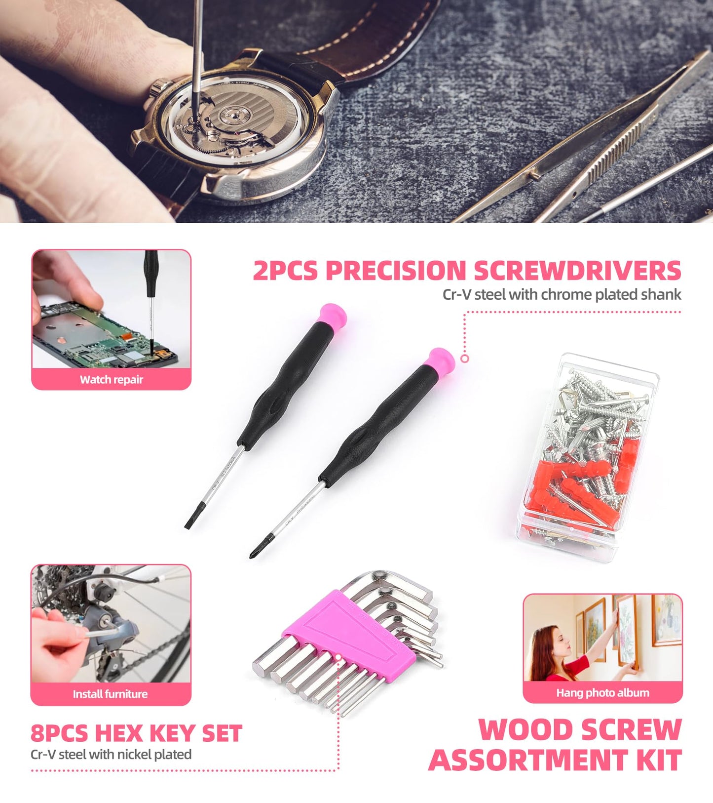 DOWELL 123-Piece Pink Home Repair Tool Kit for Women & Girls - All-in-One DIY Toolkit with Ergonomic Handles, Durable Toolbox, Non-Slip Grips | Perfect Gift for Wives, Moms, Crafters