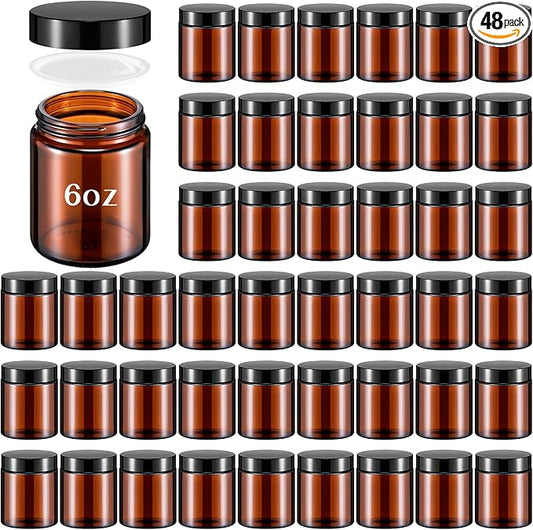 Domensi 48 Pcs Bulk 6oz Glass Jars with Lids Leakproof Round Airtight Empty Cosmetic Jars with Inner Liners Lid for Storing Lotions Spices Ointments Food Storage (Amber)