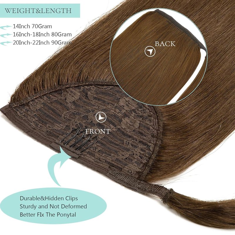 Loxxy Human Hair Ponytail Extension - Chocolate Brown Clip-In Wrap Around 16 Inch, 80g Long Straight Hair