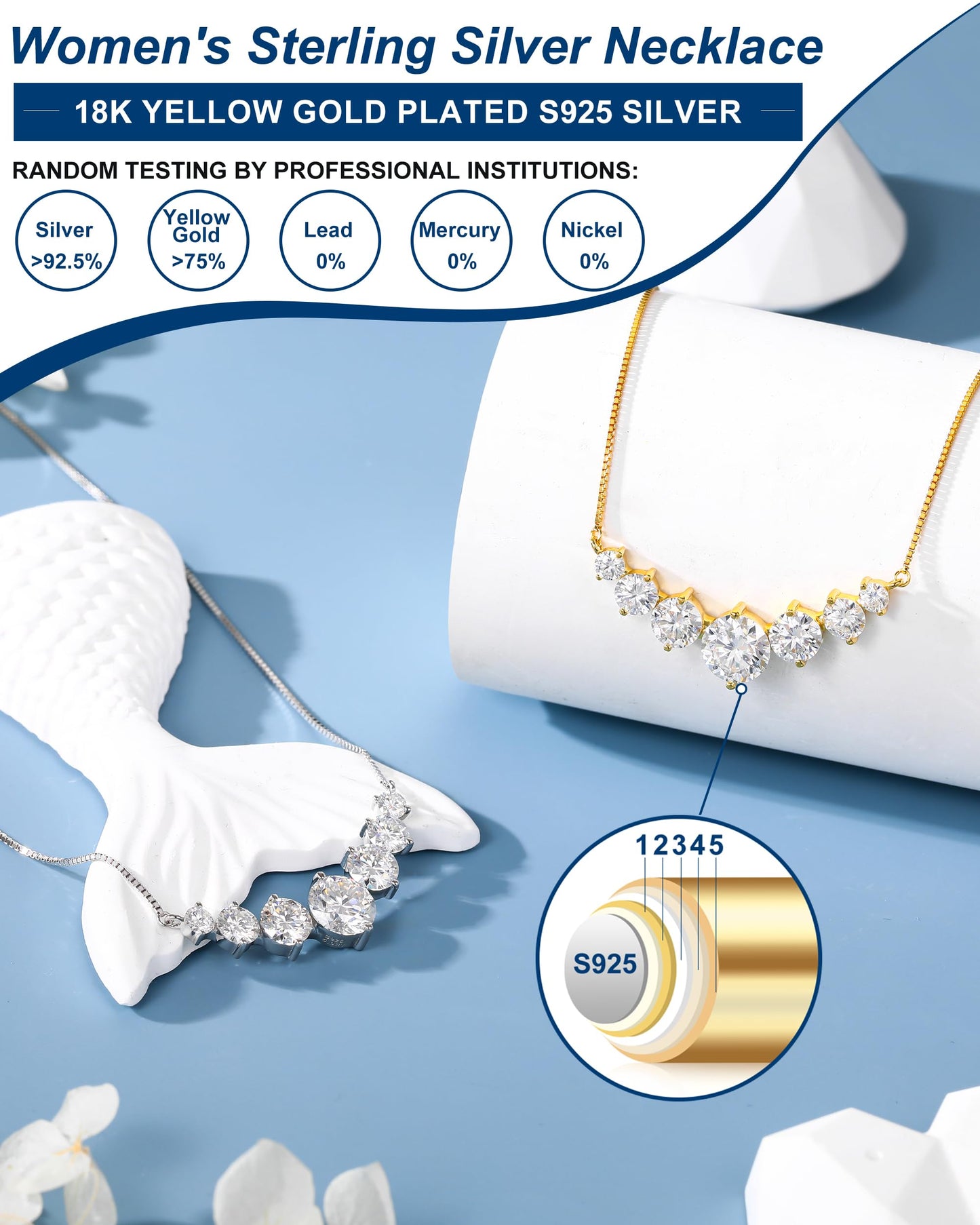7 Stones Moissanite Pendant for Women, 2.8 Carat Moissanite Necklace 18k Yellow Gold Plated Sterling Silver Smile Pendant Necklaces 16.5+2.5inch Adjustable Box Chain Fashion Jewelry Gifts for Mom Wife