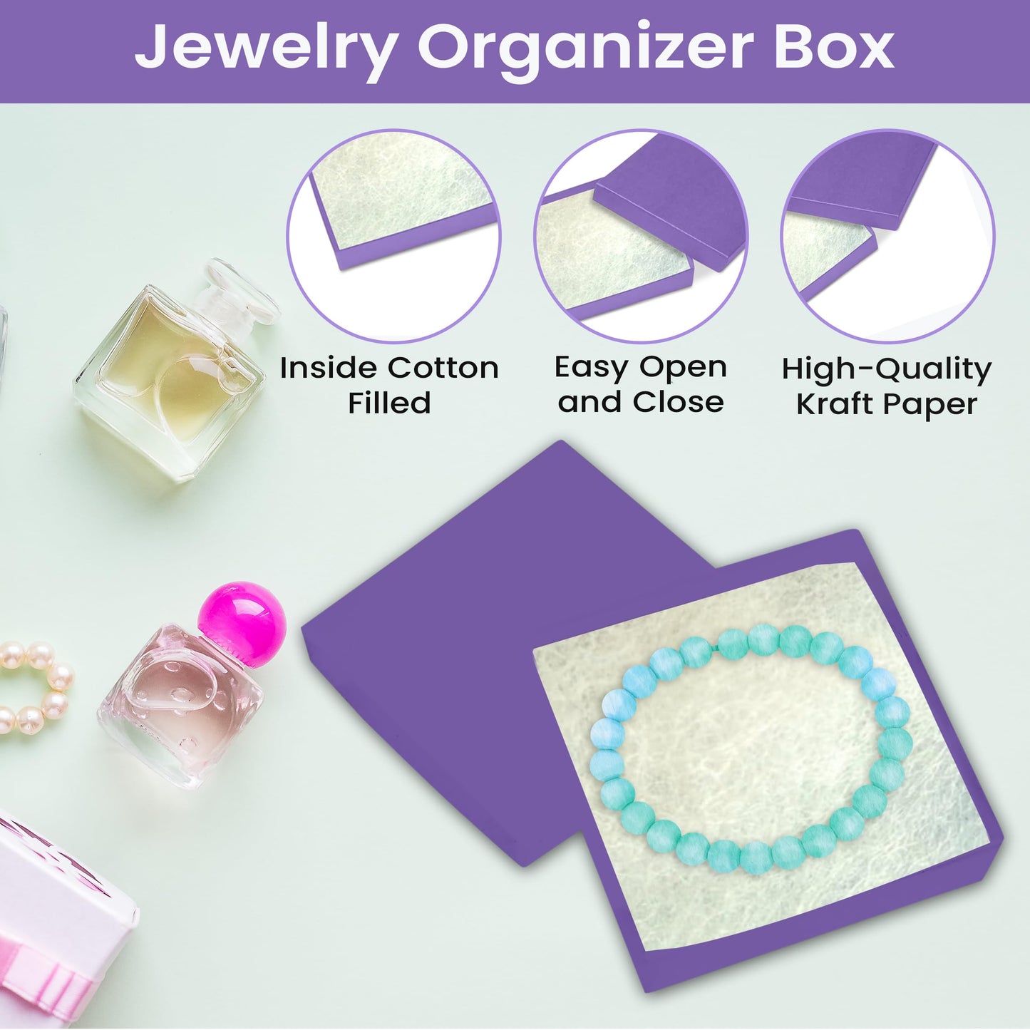 Novel Box 15 Pack Purple Jewelry Gift Box 3.5x3.5x0.87in with Cotton Filled | Cardboard Jewelry Box | Gift Boxes with Lids Made in USA | Boxes for Bracelet Necklace Ring Earrings.