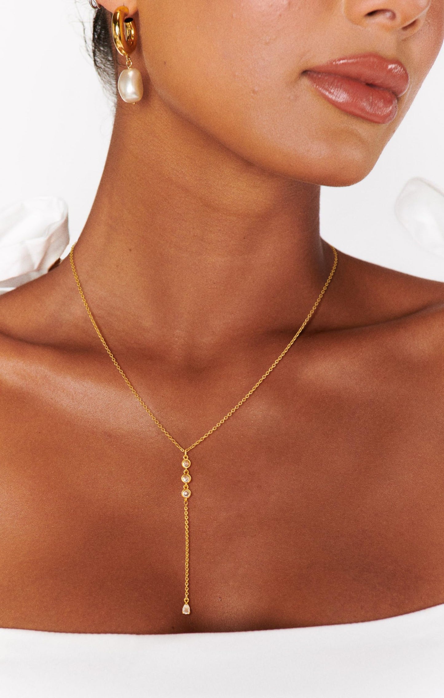 JIKASI Gold Necklaces for Women, Dainty Long Necklace Gold Y-Shaped Body Chain Pendant Necklaces Long CZ Beaded Chain Choker Drop Necklaces Wedding Jewelry Gifts