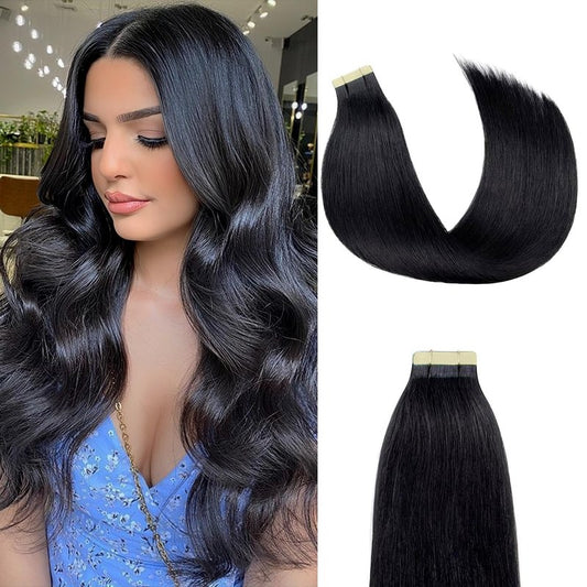 Tape in Hair Extensions Human Hair 14Inch Natural Black Color 20Pcs 50G/Pack Straight Seamless Weft Skin Invisible Thick 100% Real Black Human Hair Tape In Extensions
