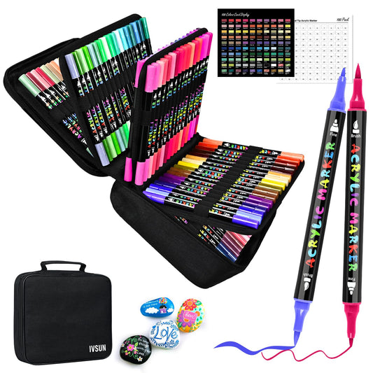 IVSUN Acrylic Paint Pens, 100 Colors Dual Tip Paint Markers with Fine Tip and Brush Tip Pens for Stone, Wood, Canvas, Calligraphy, Ceramic, Metal, Glass, Rock Painting, DIY Crafts Art Supplies Kit
