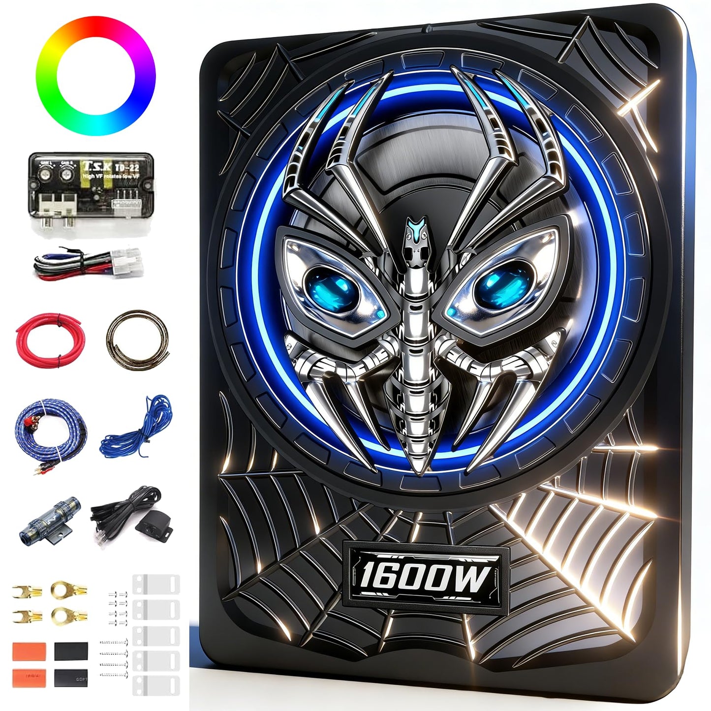 TZGBASS 2026 Upgraded 1600W Slim Underseat Car Subwoofer and Amp Package, Powered Subwoofer with Built-in Amp, Subsonic Deep Bass, LED Ambient Light Switch, Class D Car Subwoofer for Truck/SUV/Sedan