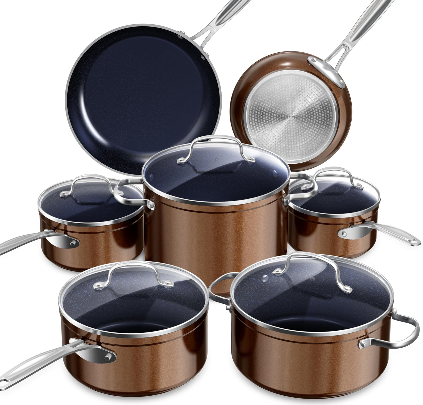 Nuwave Healthy Duralon Blue Ceramic Nonstick Cookware Set, Diamond Infused Scratch-Resistant, PFAS Free, Dishwasher & Oven Safe, Induction Ready & Evenly Heats, Tempered Glass Lids & Stay-Cool Handles