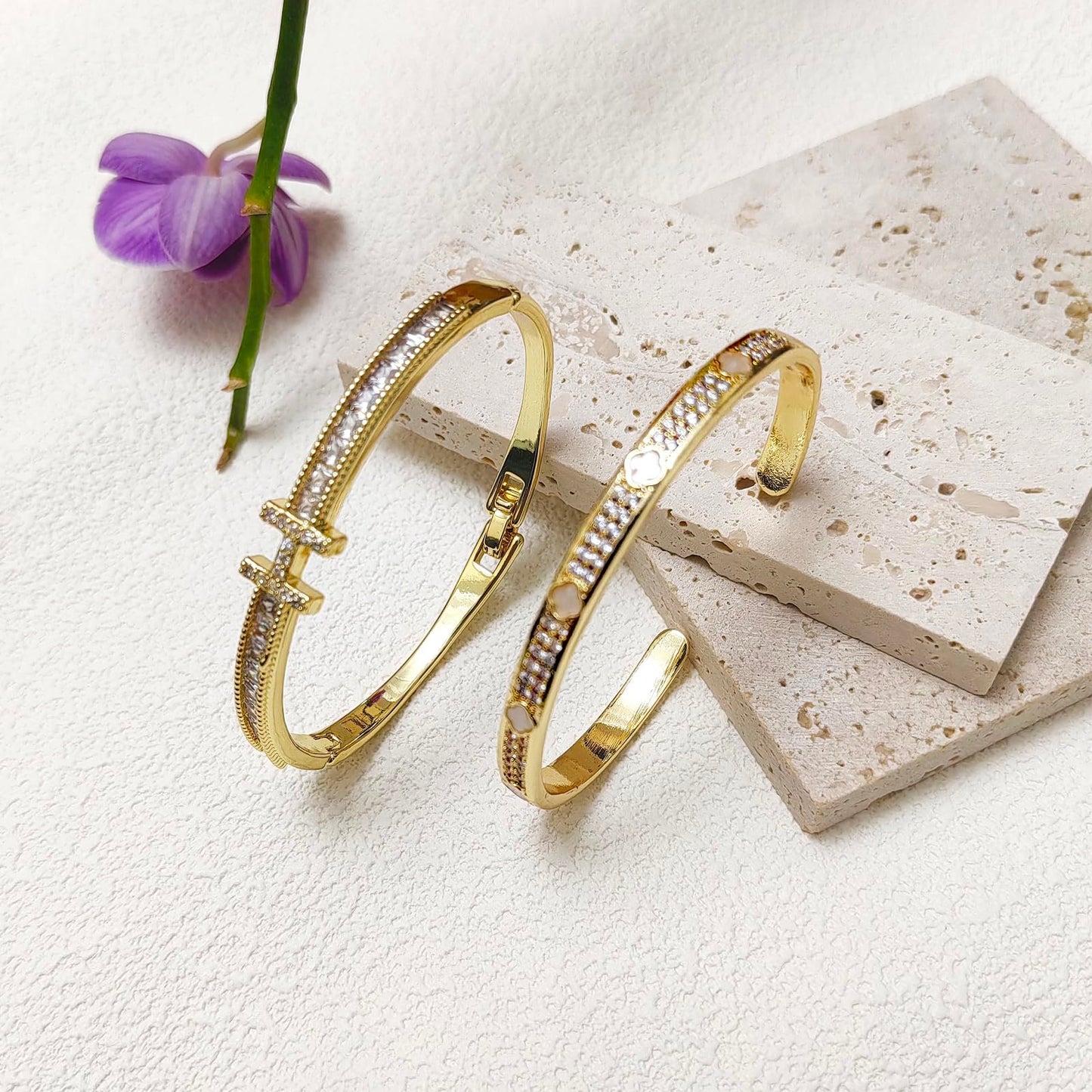 14K Gold Plated Love Bracelets Set for Women Clovers Bangle Letter H Bangle Cubic Zirconia Bracelet 2Pcs Stackable Bracelet Set Trendy Gifts for Women