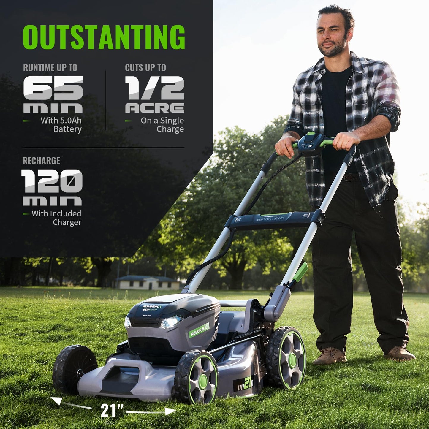 NovorikX 60V Self-Propelled Lawn Mower 21-Inch, Brushless Cordless Mower for Large Yards, Electric with LED Headlight, 5.0Ah Battery & Rapid Charger