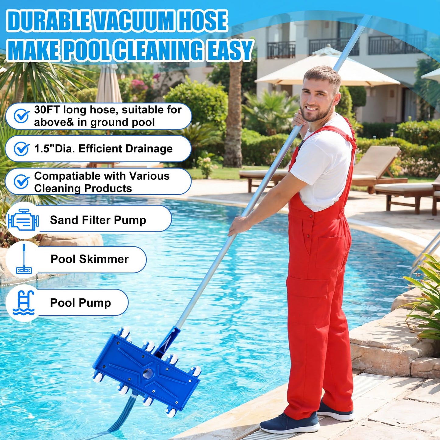 Innconee 4 Pcs Swimming Pool Cleaning Kit Including Pool Vacuum Head with 1-1/2" x 30 ft Hoses Flexible Head with Wheels and Pole 14 '' Cleaning Brush for Inground Above Ground Swimming Supplies