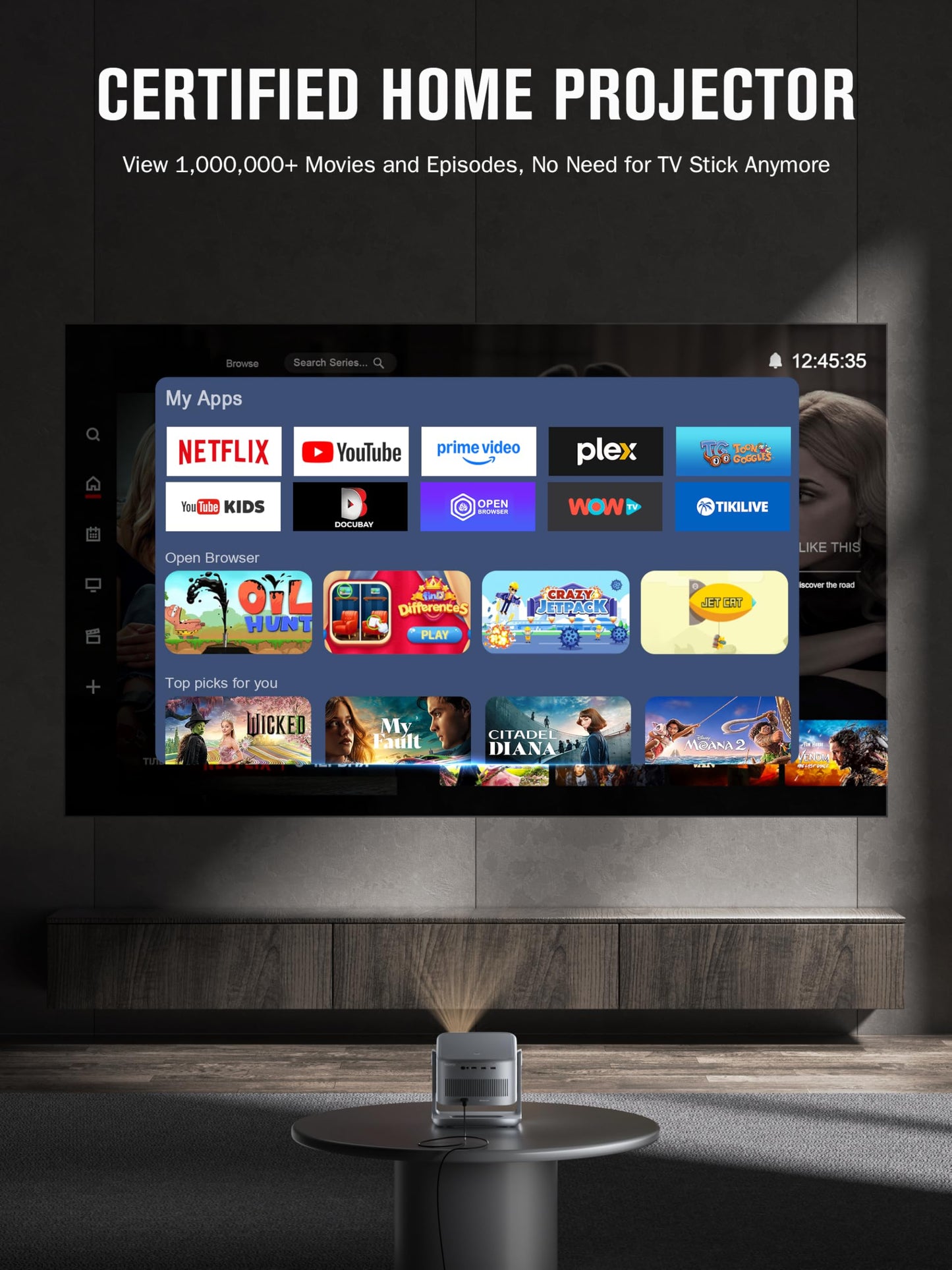 【2200ANSI & Officially-Licensed APP】Smart 4K Projector with WiFi and Bluetooth, VISSPL 3D Dolby Audio and Auto Focus Portable Outdoor Projector, Movie Home Theater Proyector with 360° Adjustable Stand