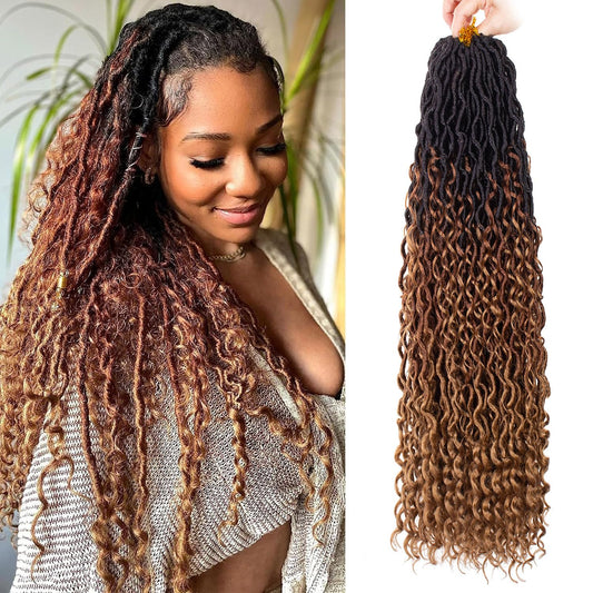 ZRQ 30 Inch Goddess Locs Crochet Hair 8 Packs Ombre Boho Faux Locs Crochet Braids, 3Tone Pre looped Bohmian Locs With Curly End Synthetic Boho River Locs Hair Extension 1B3027#