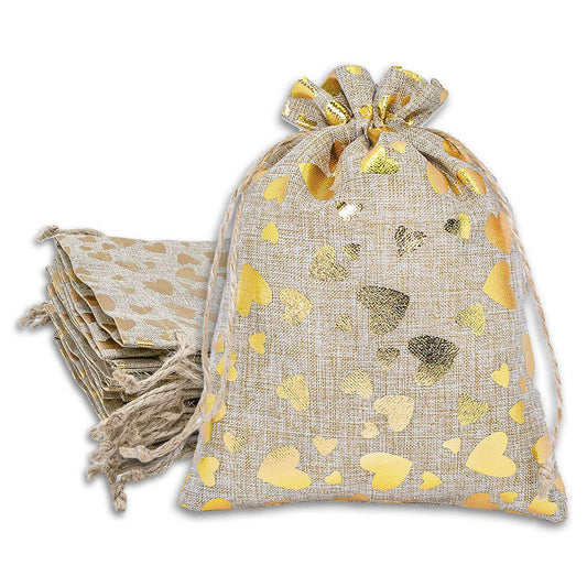 12-Pack 6x8 Reusable Jute Burlap Canvas Gift Bags w. Drawstrings (Golden Hearts, Medium) - for Presents, Party Favors, Retail, Samples by TheDisplayGuys