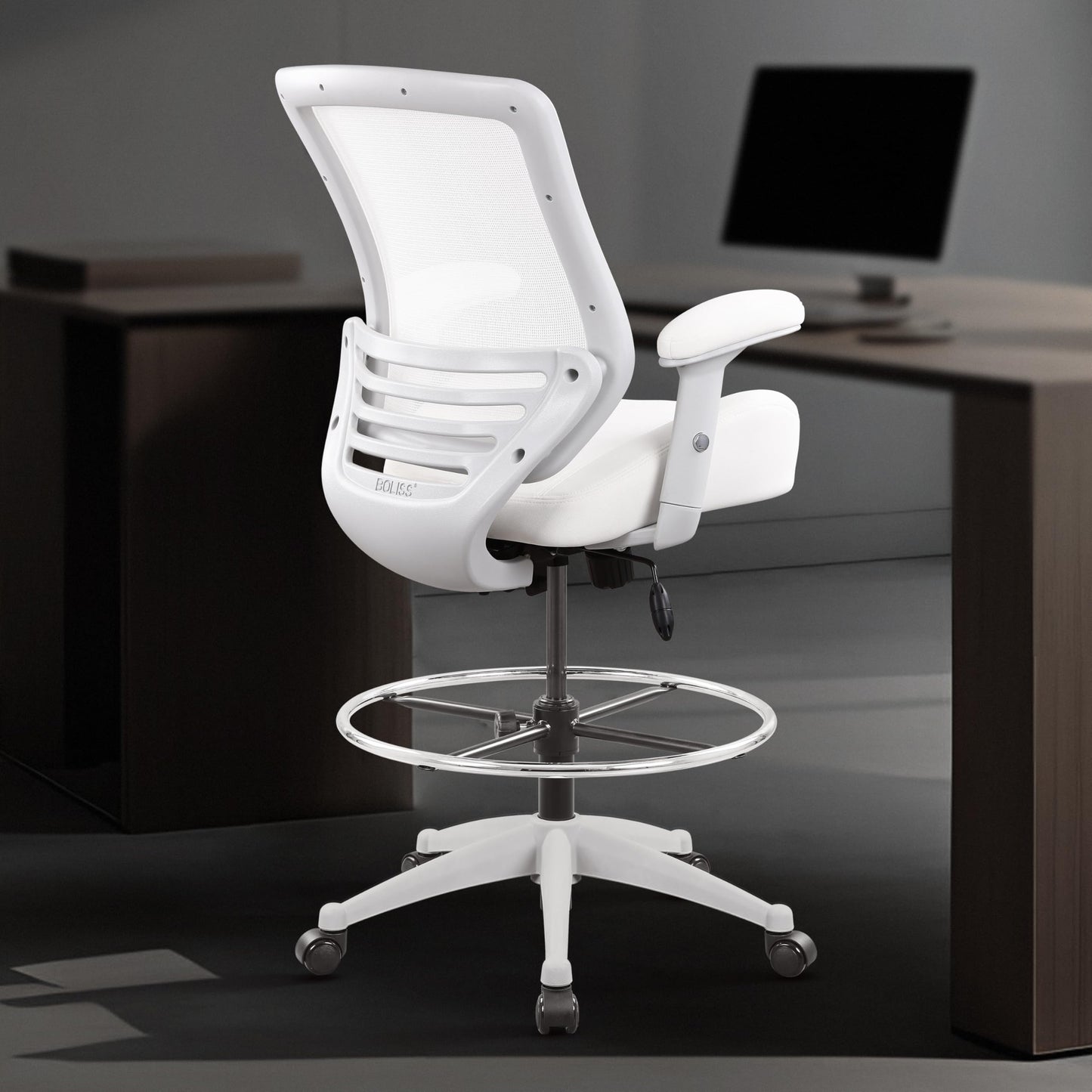 BOLISS 400lbs Mesh Ergonomic Office Drafting Chair Big Adjustable Foot Ring Height Adjustable Armrest (Wht)