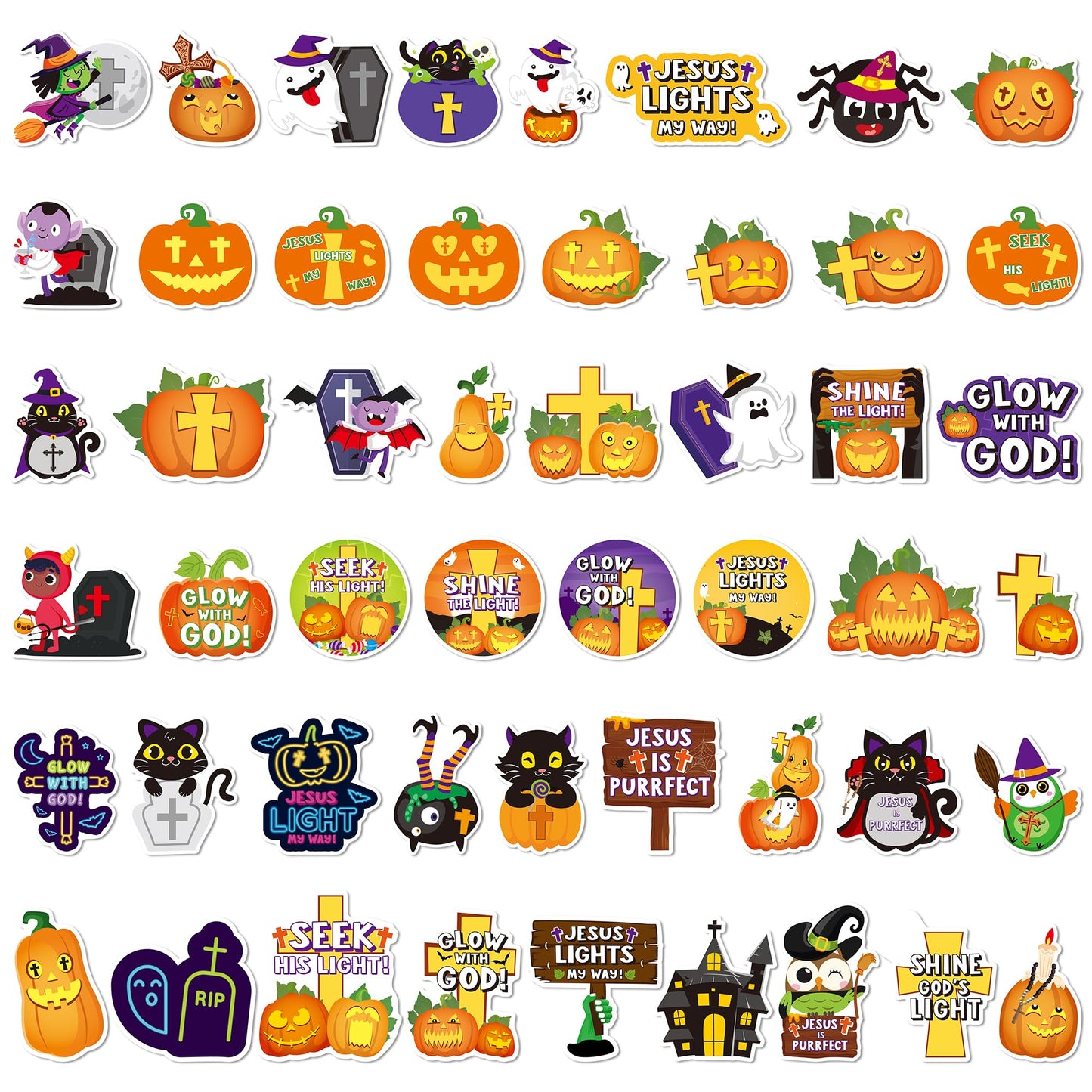 ANGOLIO 50Pcs Halloween Stickers for Kids, Cute Cartoon Pumpkins Witch Black Cat Christian Crosses Vinyl Waterproof Decals for Water Bottles Notebooks Laptop