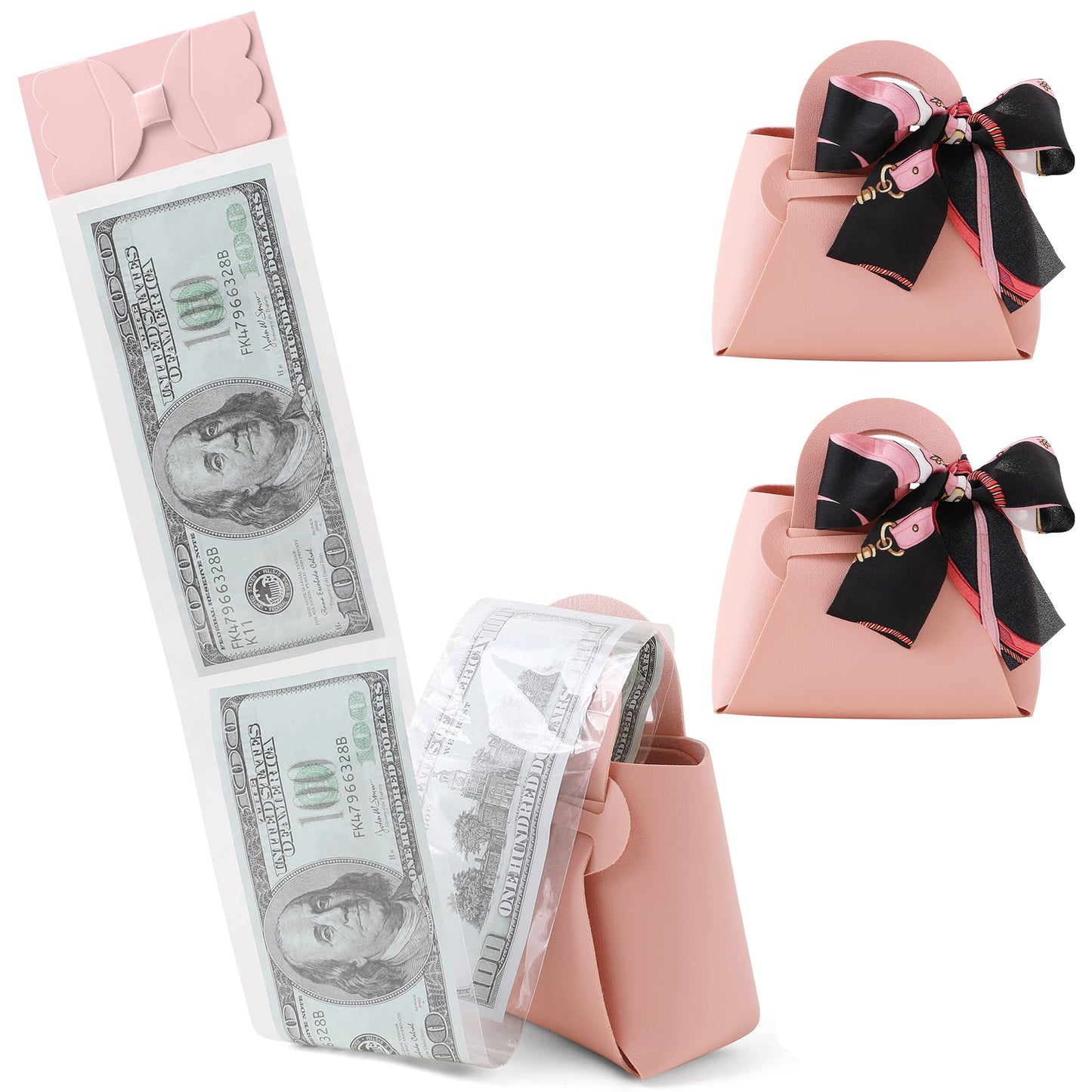 2PCS Money Pull Box for Cash, Leather Surprise Money Boxes with Ribbon Mini Money Pull Bags with 30 Pcs Transparent Bags for Birthday Party Christmas (Pink)