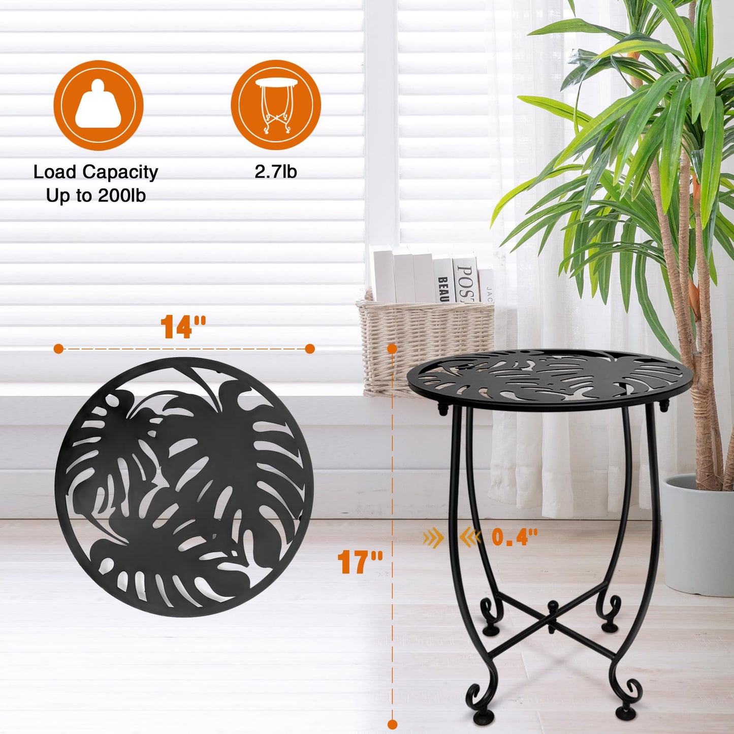 Plant Castle Outdoor Side Table for Small Spaces, 2 Pack 14 Inch Round Metal End Table for Patio Balcony Yard Porch, Anti-Rust Waterproof Accent Table for Indoor Outdoor Use, Easy Assembly