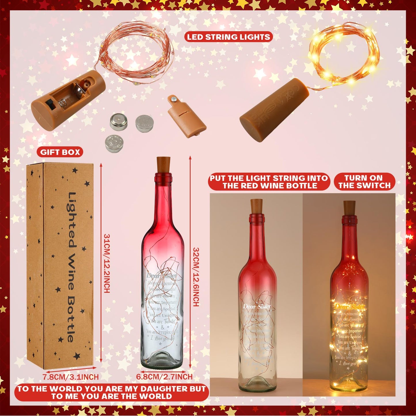 Umigy Best Sister Gifts for Women Wine Bottle Lights with Cork Gifts from Sisters Light up Lamp Decor Mini Fairy LED Glass Waterproof Liquor Bottle Light for Wedding Home Birthday Holiday Party Decor