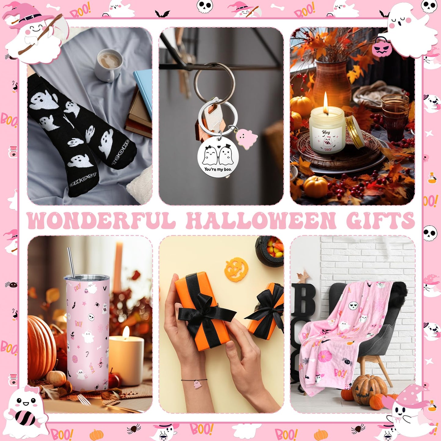 8 Pcs Halloween Boo Basket Gifts Pink Ghost Gift Halloween Boo Basket Stuffers for Women Include 20 oz Ghost Tumbler with Lid and Straw Throw Blanket Socks Keychain Bracelet Candle Card with Gift Box