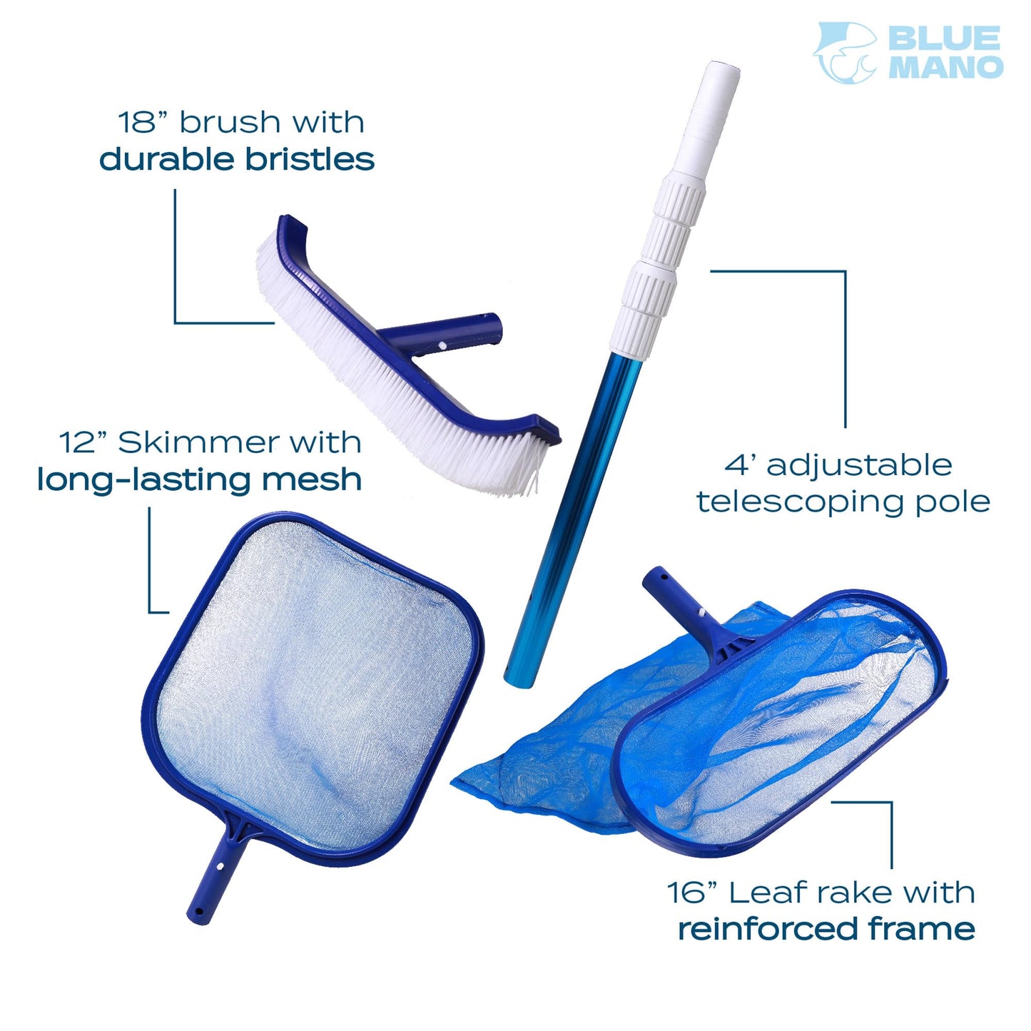 Blue Mano 6 Piece Pool Cleaning Kit - 16" Leaf Rake, 12" Leaf Skimmer, 18" Pool Brush, 4FT Telescopic Aluminum Pole & Standard Chlorine Dispenser - for Pools