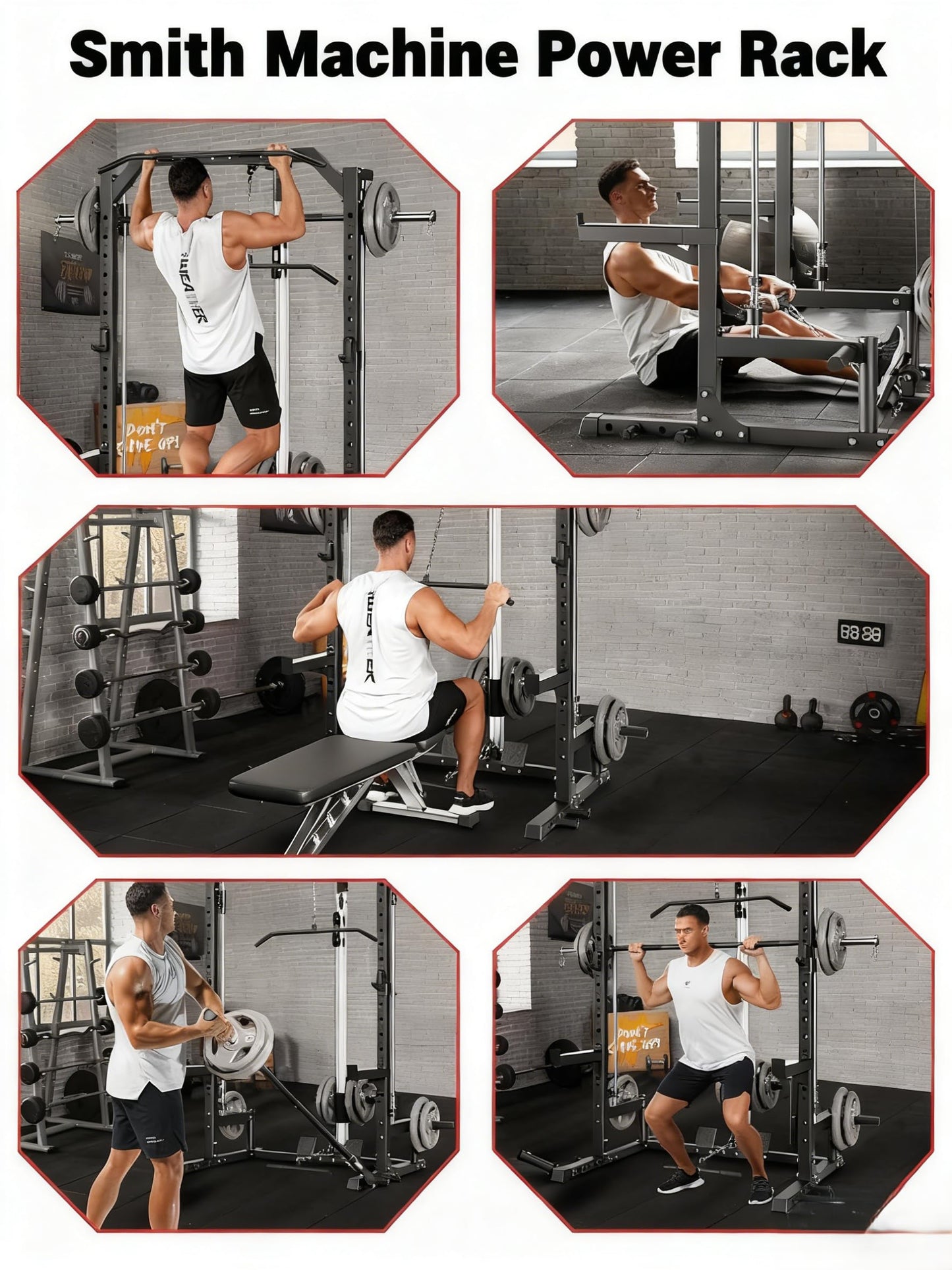 Smith Machine, Home Gym Multi-Functional Smith Machines, with Barbell Bar, Cable Crossover, LAT Pulldown, Spotter Arms, j Hooks and Landmine, Carbon Steel Half Rack for Full Body Strength Training